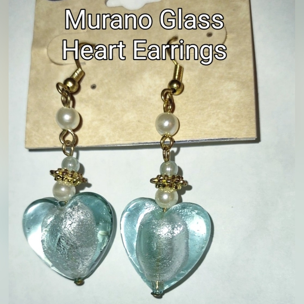 Aqua Glass Heart Dangle Earrings